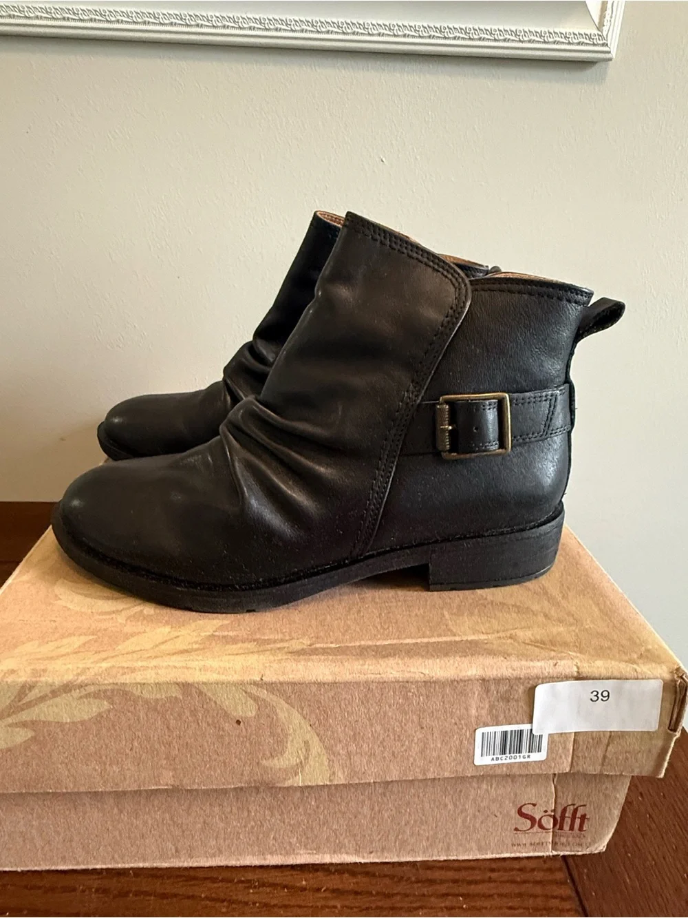 Sofft Black Leather Ankle Boots with Side Buckle